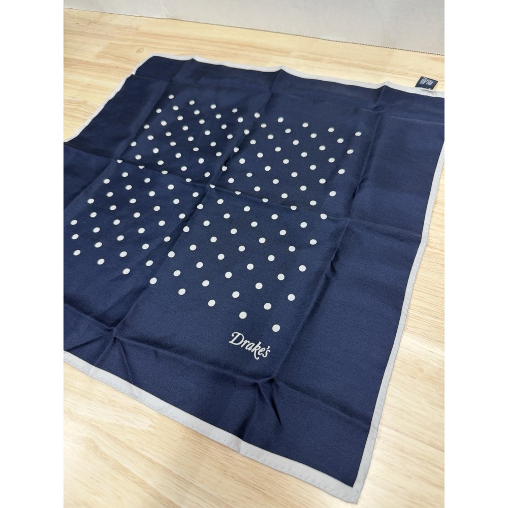 Drake's 100% Silk Navy Blue Geometric Pocket Square Handkerchief Italy